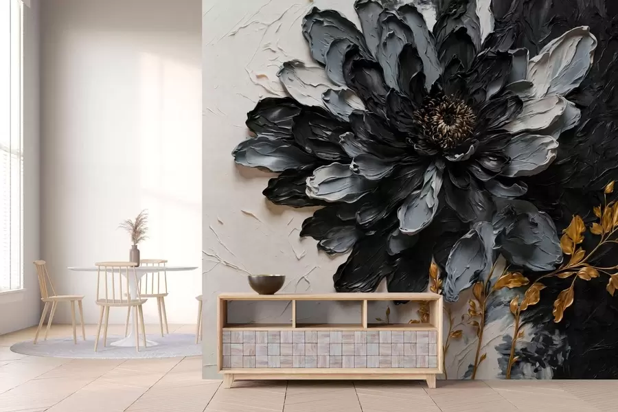 carta da parati Fiore nero e grigio con texture e rami decorativi nr. w05883