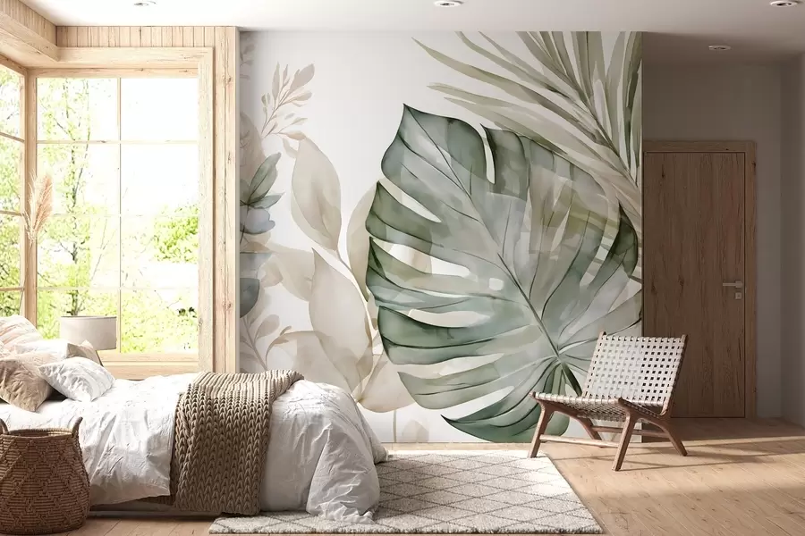 Carta da parati nature Grandi foglie tropicali in stile acquerello 