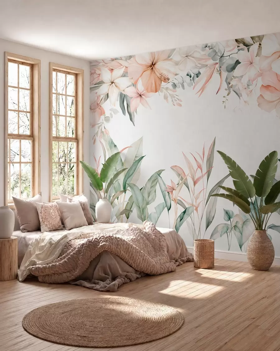 carta da parati Una composizione tropicale di fiori e piante in stile acquerello, dai toni delicati nr. w05870