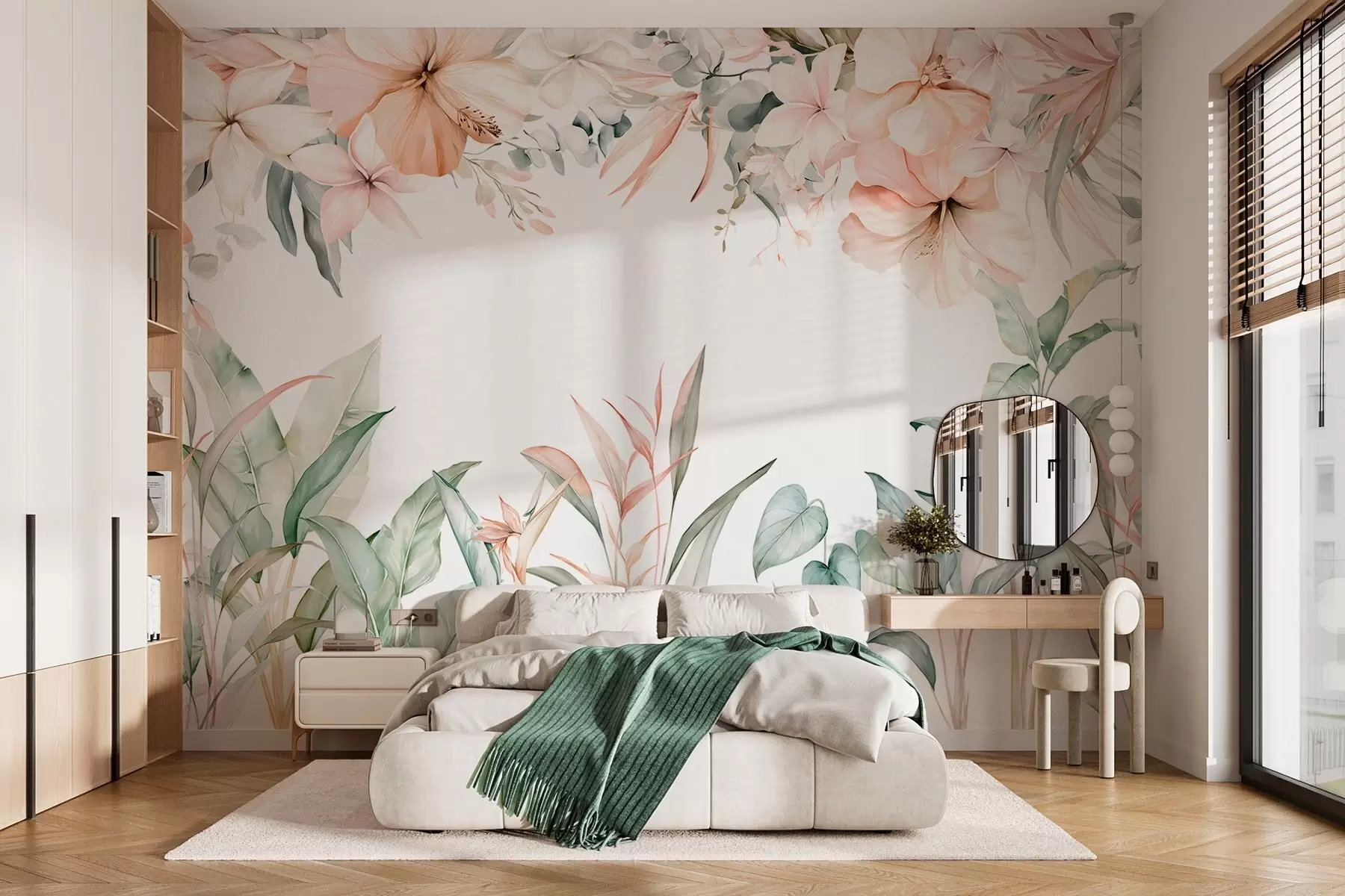 carta da parati Una composizione tropicale di fiori e piante in stile acquerello, dai toni delicati nr. w05870