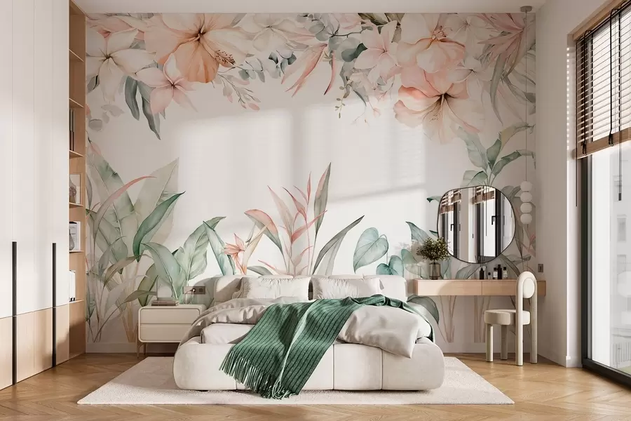 carta da parati Una composizione tropicale di fiori e piante in stile acquerello, dai toni delicati nr. w05870