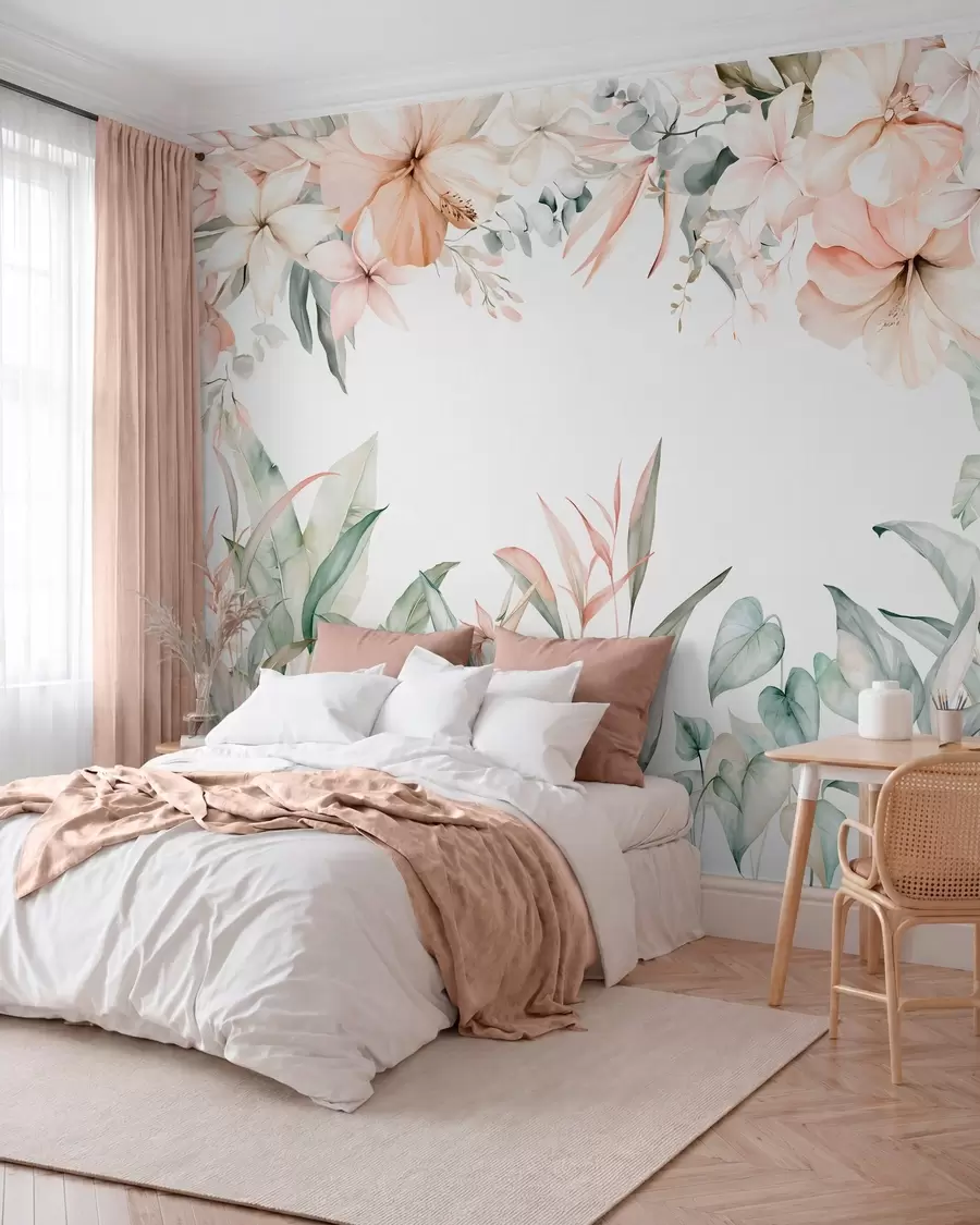carta da parati Una composizione tropicale di fiori e piante in stile acquerello, dai toni delicati nr. w05870