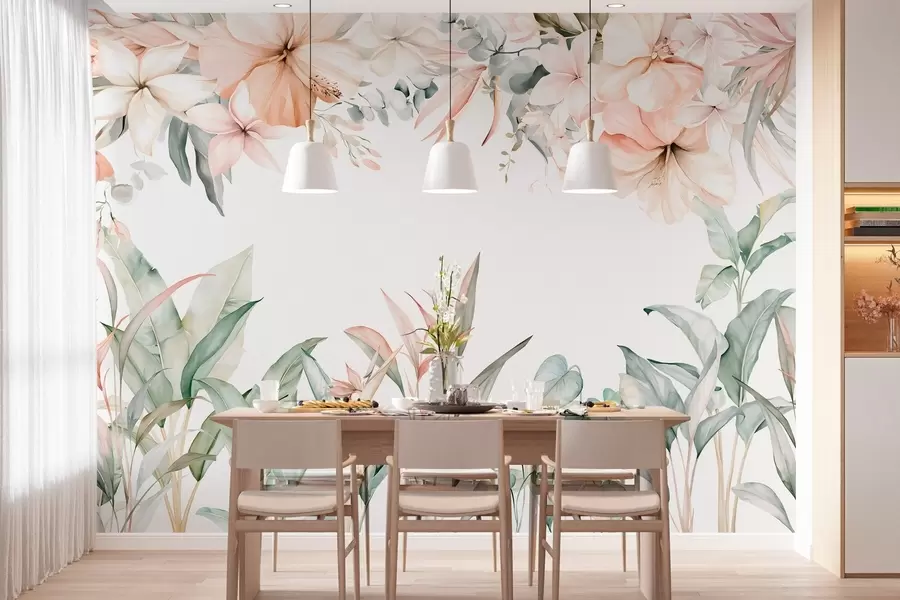 carta da parati Una composizione tropicale di fiori e piante in stile acquerello, dai toni delicati nr. w05870