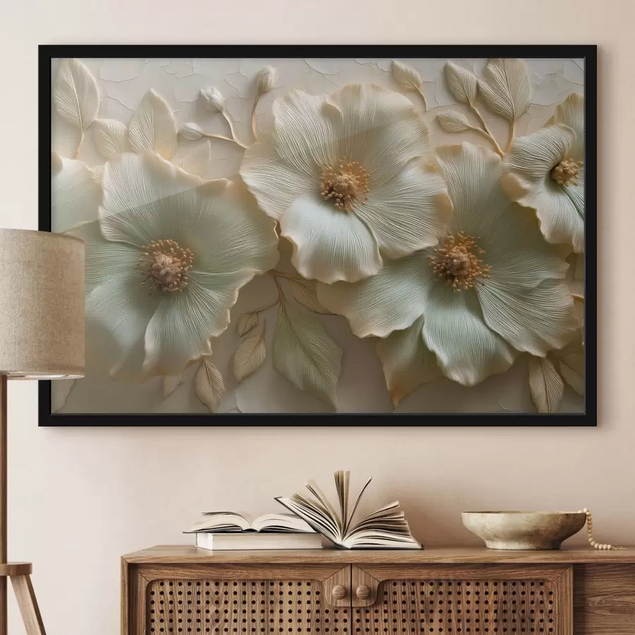 carta da parati Fiori e foglie di grandi dimensioni con un effetto tridimensionale in tonalità chiare nr. f50420