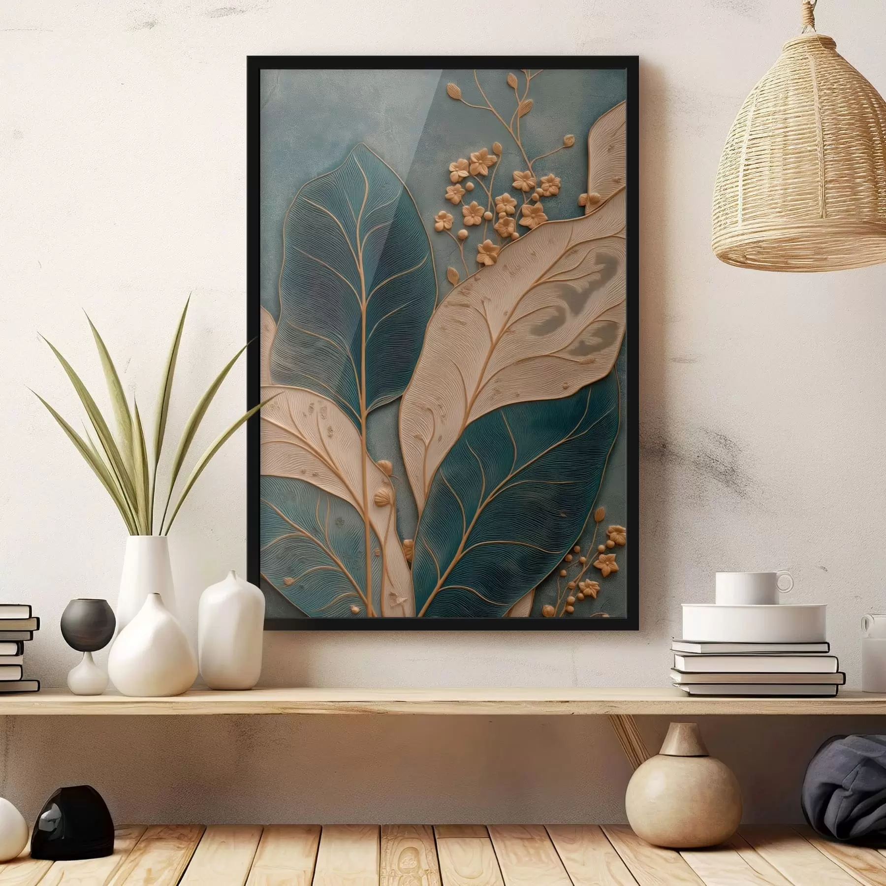 carta da parati Foglie e piccoli fiori con un effetto tridimensionale su uno sfondo scuro nr. f50427