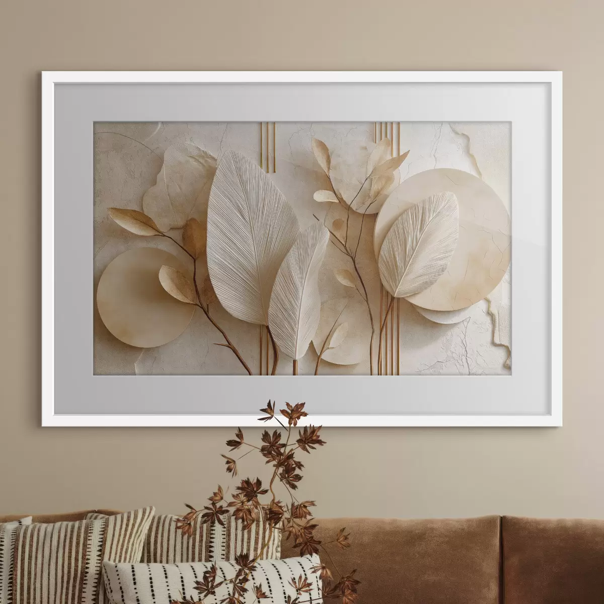 Poster Foglie stilizzate e forme circolari su uno sfondo chiaro f50429