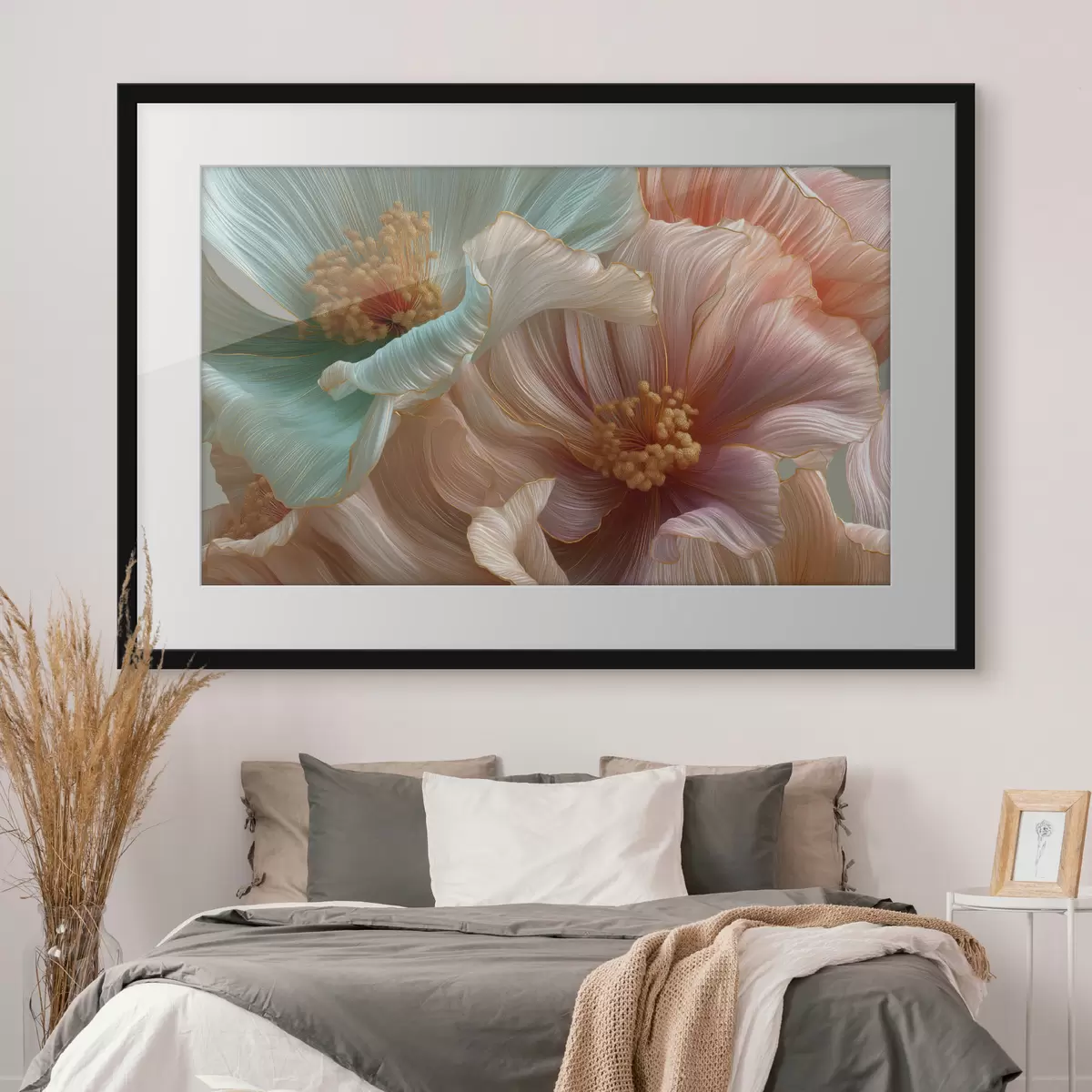 Poster Grandi fiori turchesi e rosa con un effetto tridimensionale f50432
