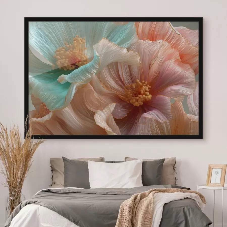 carta da parati Grandi fiori turchesi e rosa con un effetto tridimensionale nr. f50432