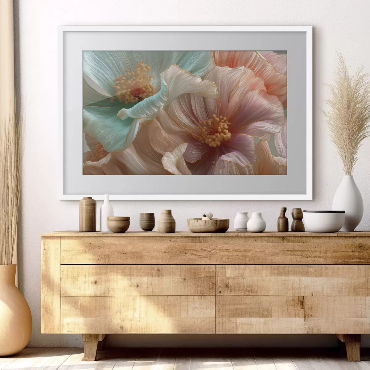 Poster Grandi fiori turchesi e rosa con un effetto tridimensionale f50432