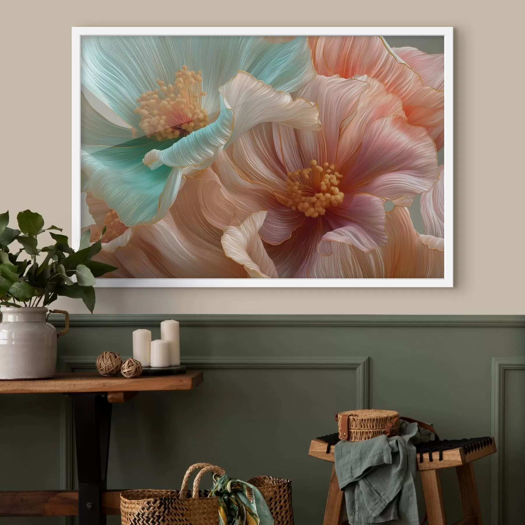 carta da parati Grandi fiori turchesi e rosa con un effetto tridimensionale nr. f50432
