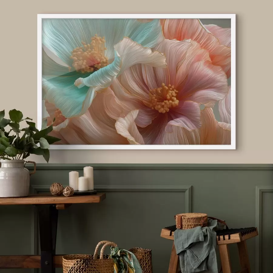 carta da parati Grandi fiori turchesi e rosa con un effetto tridimensionale nr. f50432