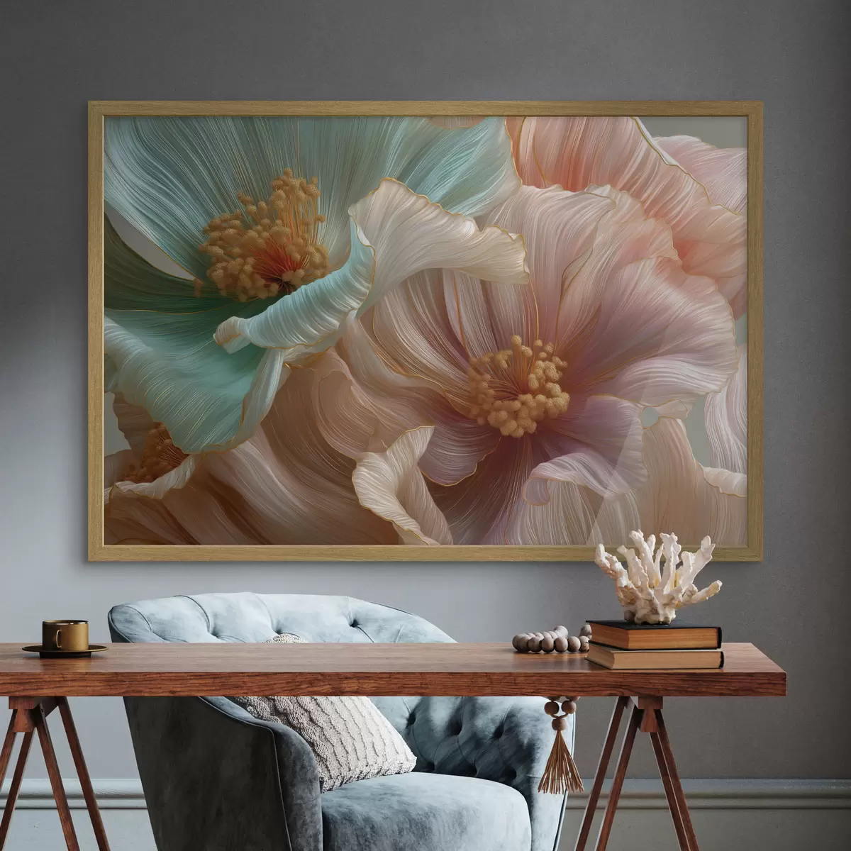 Poster Grandi fiori turchesi e rosa con un effetto tridimensionale f50432