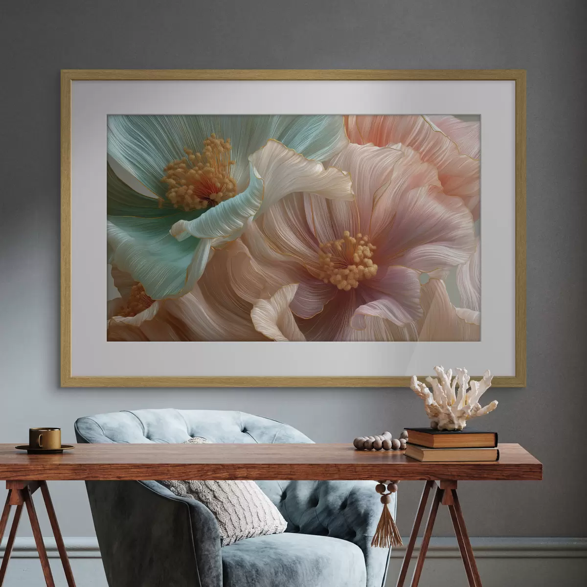 Poster Grandi fiori turchesi e rosa con un effetto tridimensionale f50432