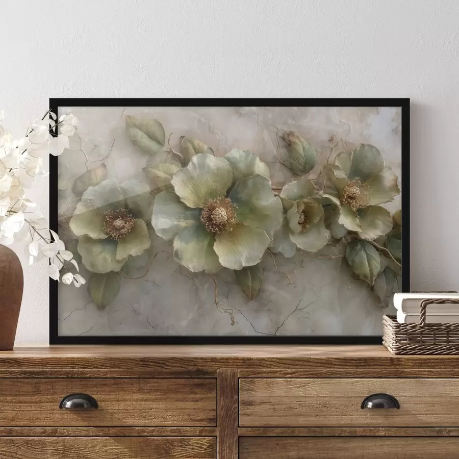 carta da parati Grandi fiori e foglie verdi su uno sfondo chiaro dalle sfumature delicate nr. f50434