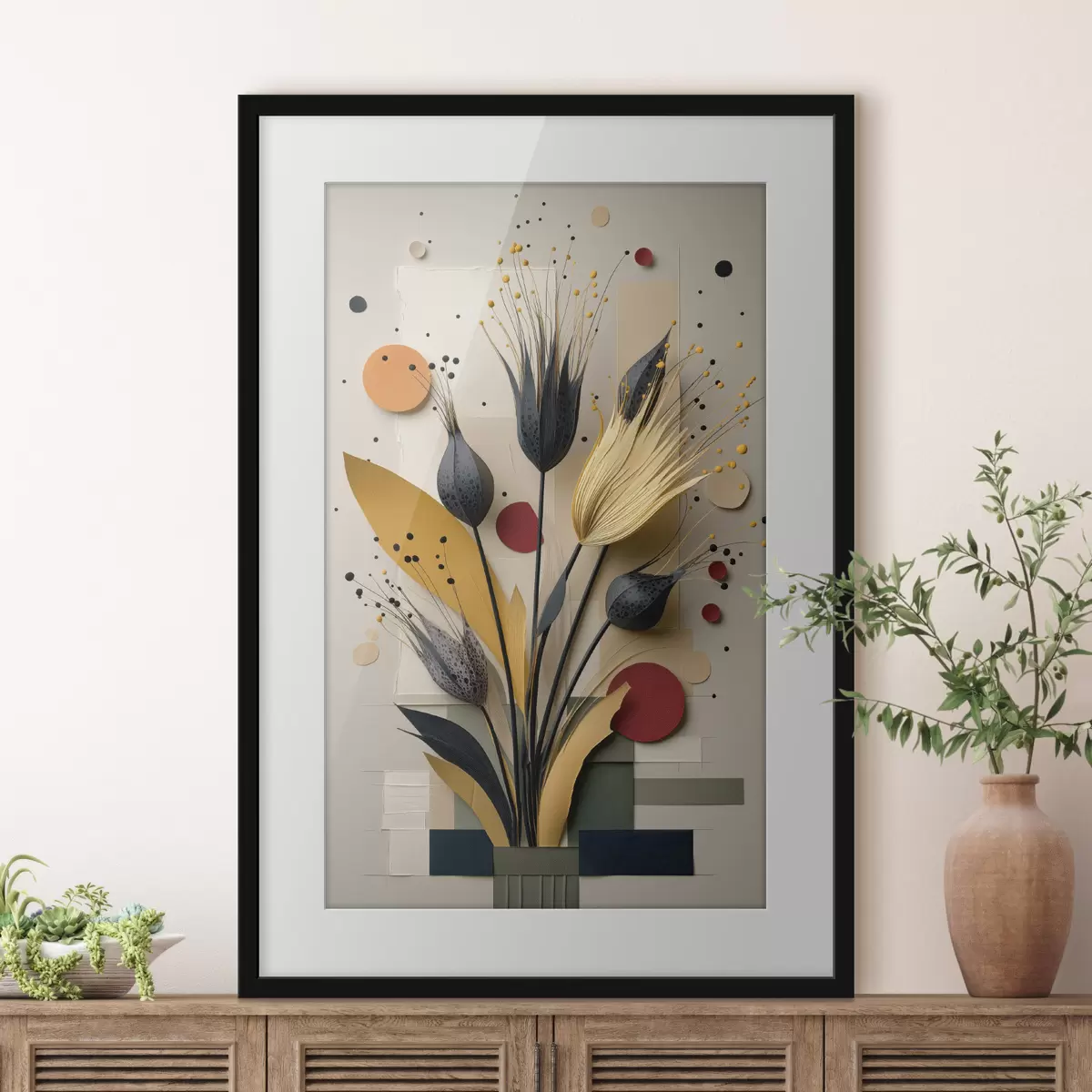 Poster Fiori astratti con steli scuri e cerchi f50437