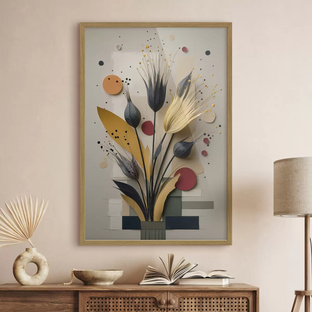 Poster Fiori astratti con steli scuri e cerchi f50437