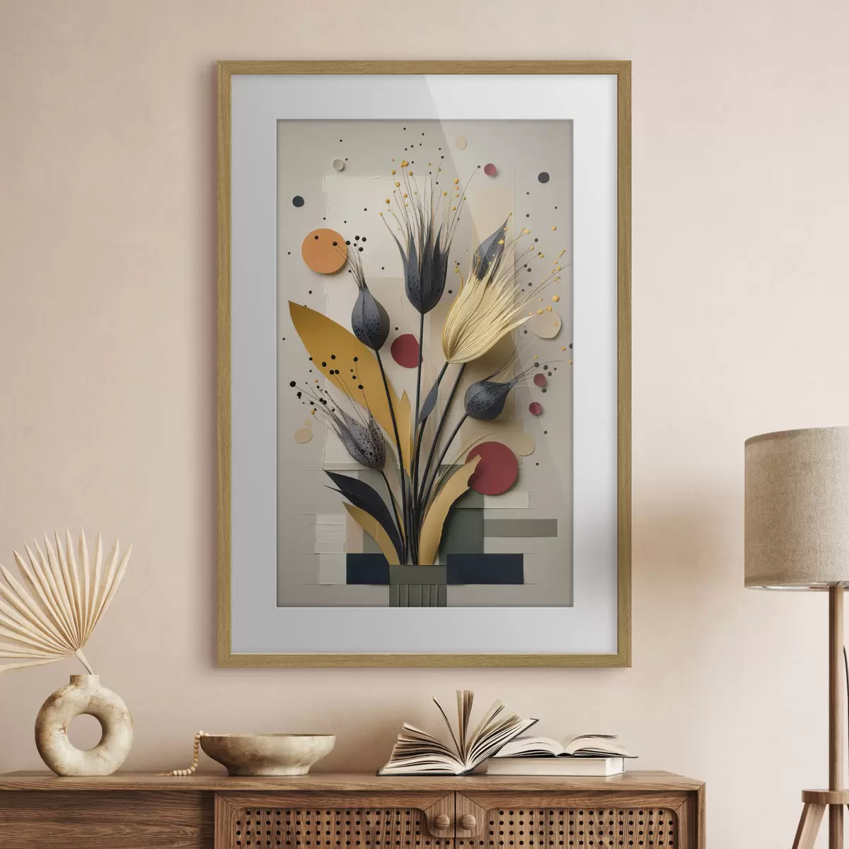 Poster Fiori astratti con steli scuri e cerchi f50437