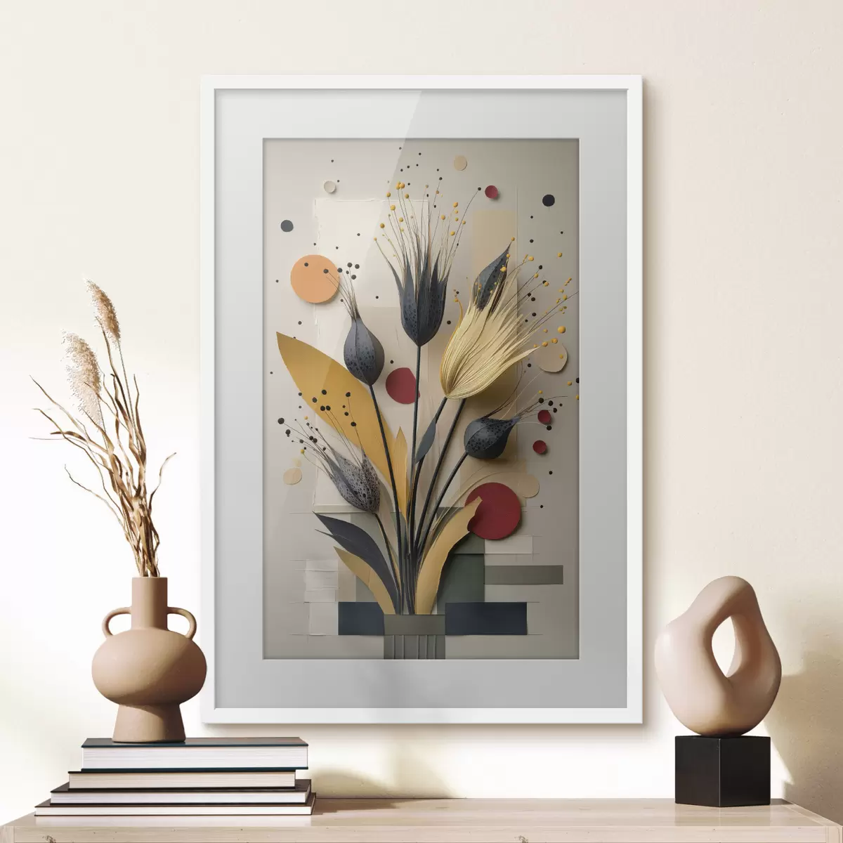 Poster Fiori astratti con steli scuri e cerchi f50437