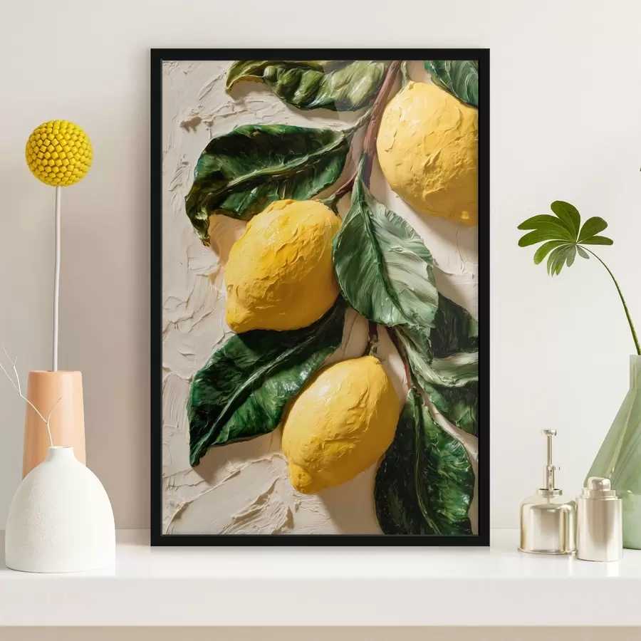 carta da parati Limoni con effetto tridimensionale e foglie di colore verde scuro nr. f50444