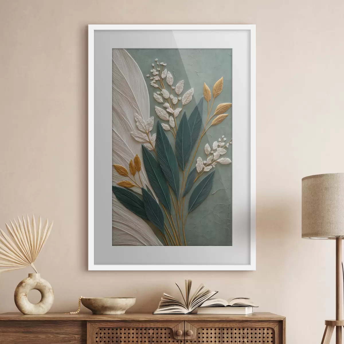Poster Foglie decorative su uno sfondo verde dalle sfumature delicate f50446