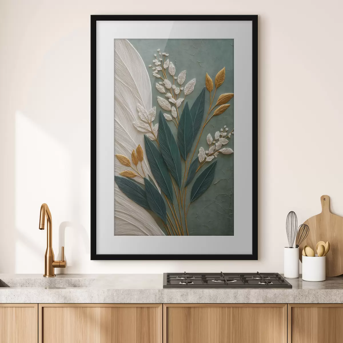 Poster Foglie decorative su uno sfondo verde dalle sfumature delicate f50446