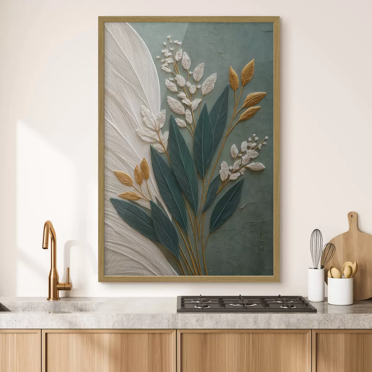 Poster Foglie decorative su uno sfondo verde dalle sfumature delicate f50446