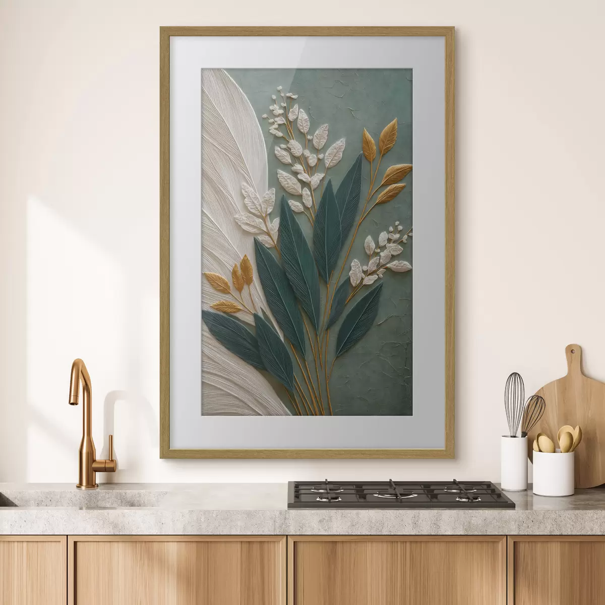 Poster Foglie decorative su uno sfondo verde dalle sfumature delicate f50446