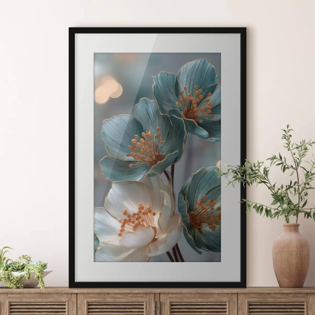 Poster Fiori turchesi e bianchi con stami arancioni f50448