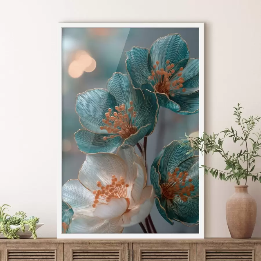 carta da parati Fiori turchesi e bianchi con stami arancioni nr. f50448