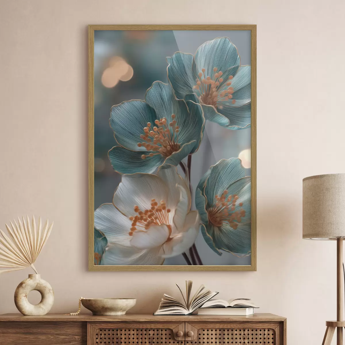 Poster Fiori turchesi e bianchi con stami arancioni f50448