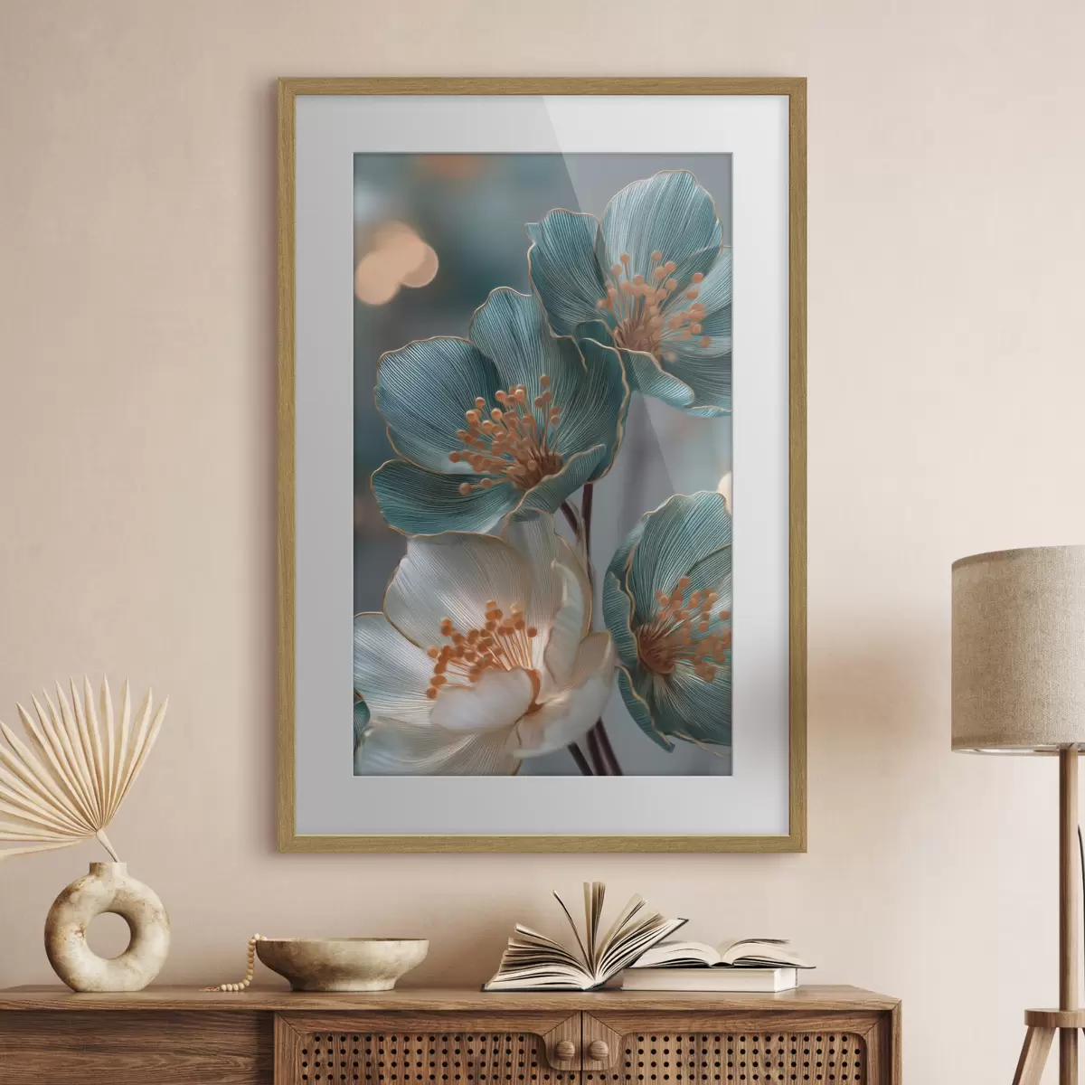 Poster Fiori turchesi e bianchi con stami arancioni f50448