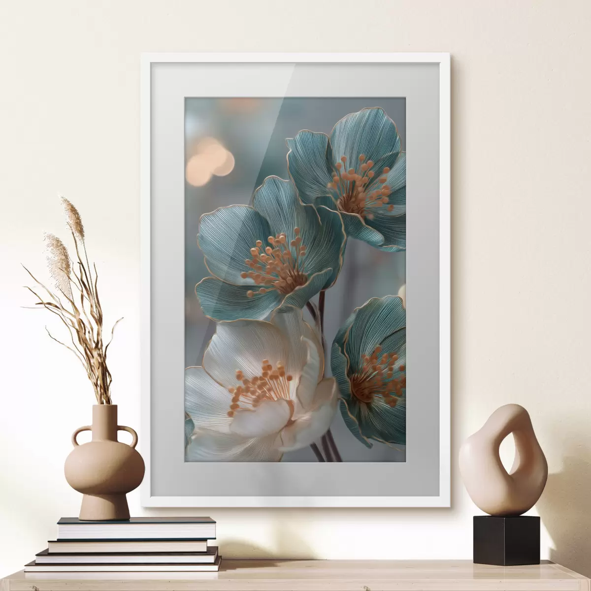 Poster Fiori turchesi e bianchi con stami arancioni f50448