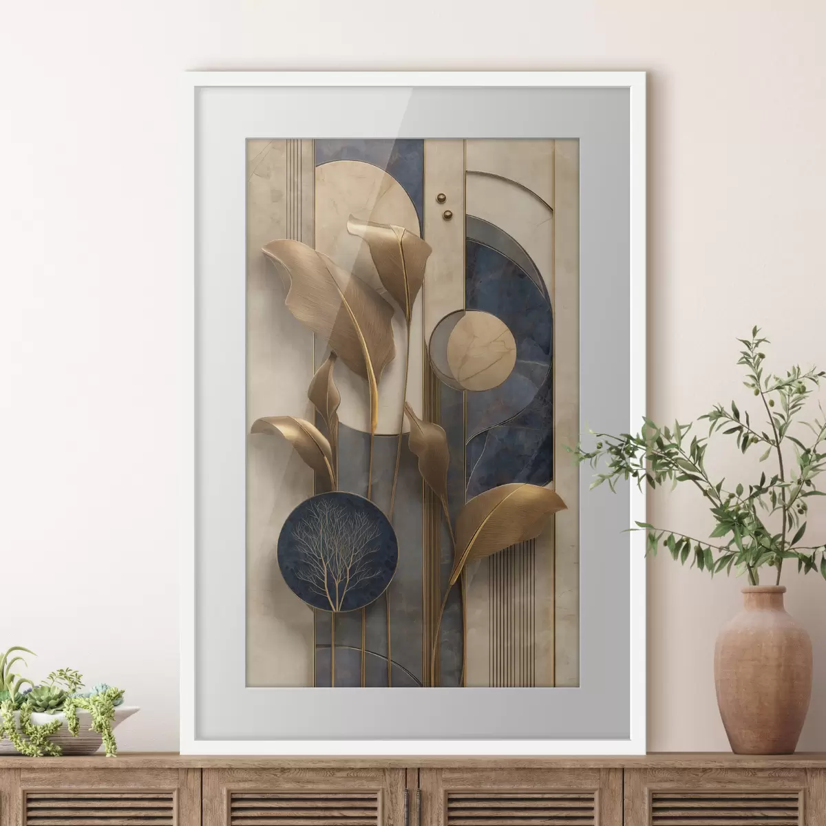 Poster Composizione geometrica con foglie dai toni bronzo f50452