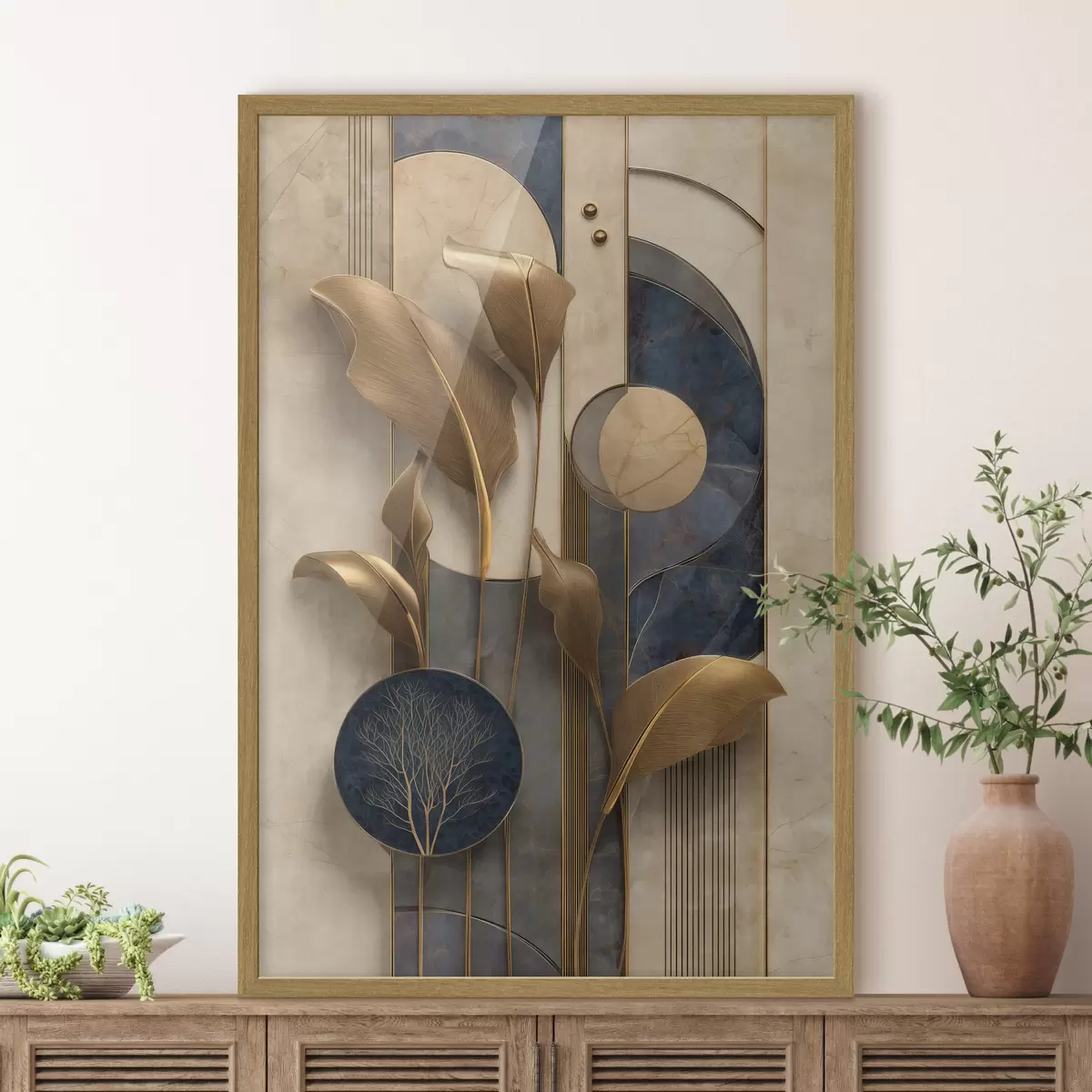 Poster Composizione geometrica con foglie dai toni bronzo f50452