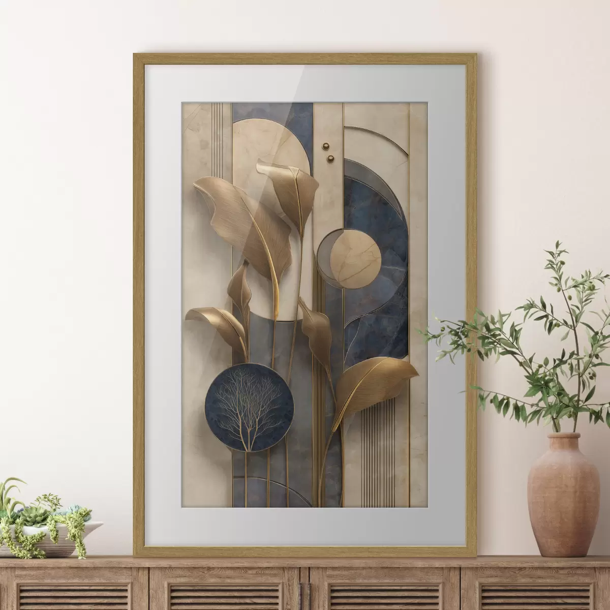 Poster Composizione geometrica con foglie dai toni bronzo f50452