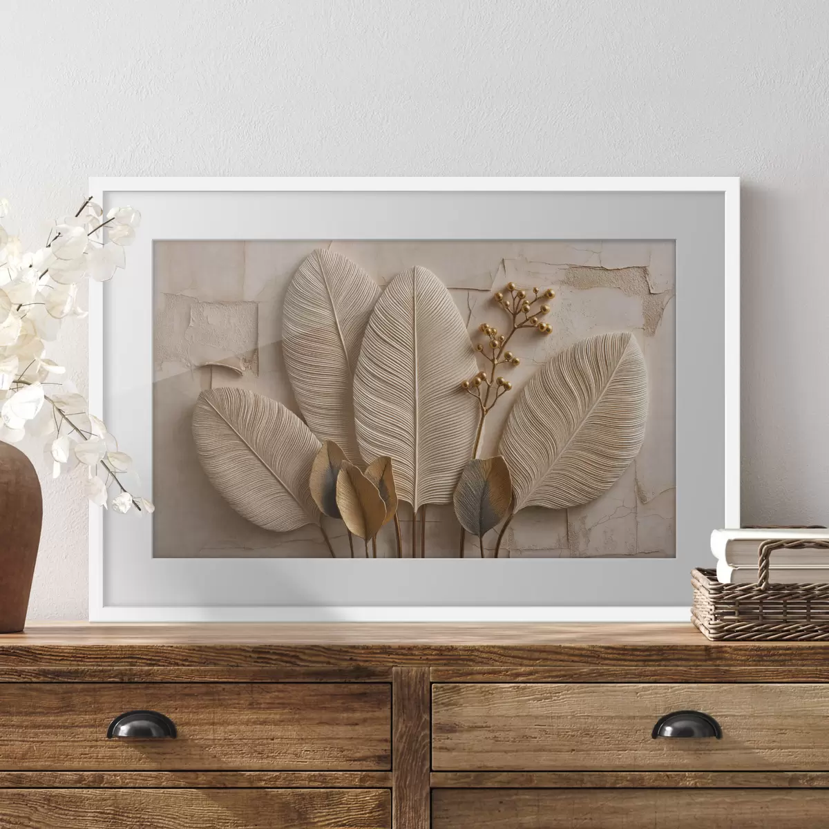 Poster Foglie grandi e leggere e un ramo decorativo f50454