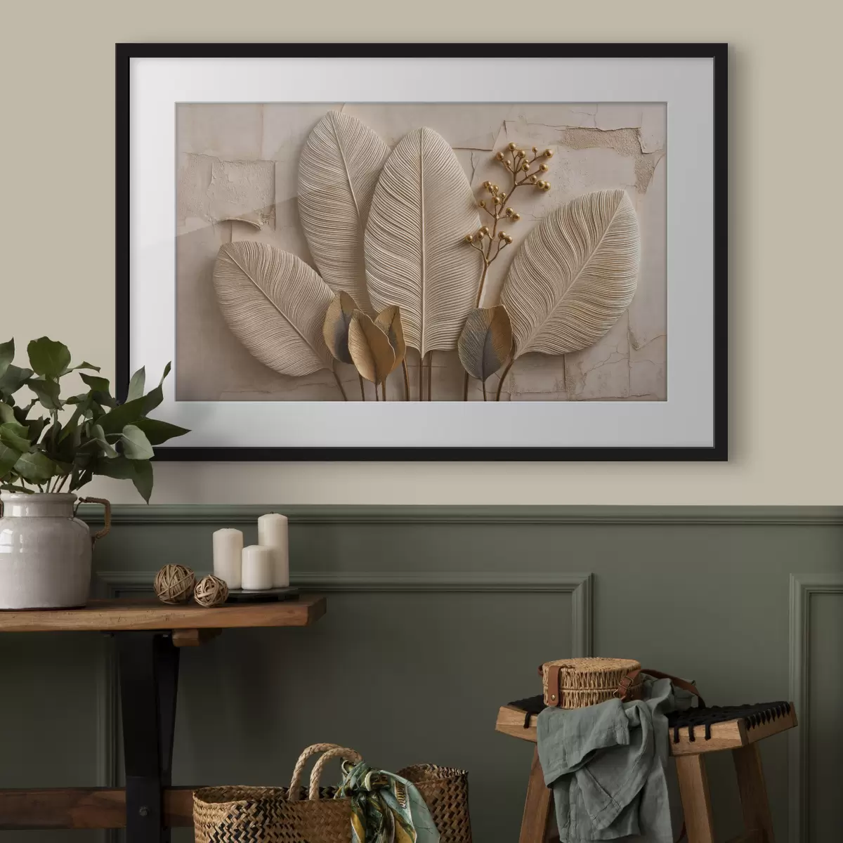 Poster Foglie grandi e leggere e un ramo decorativo f50454
