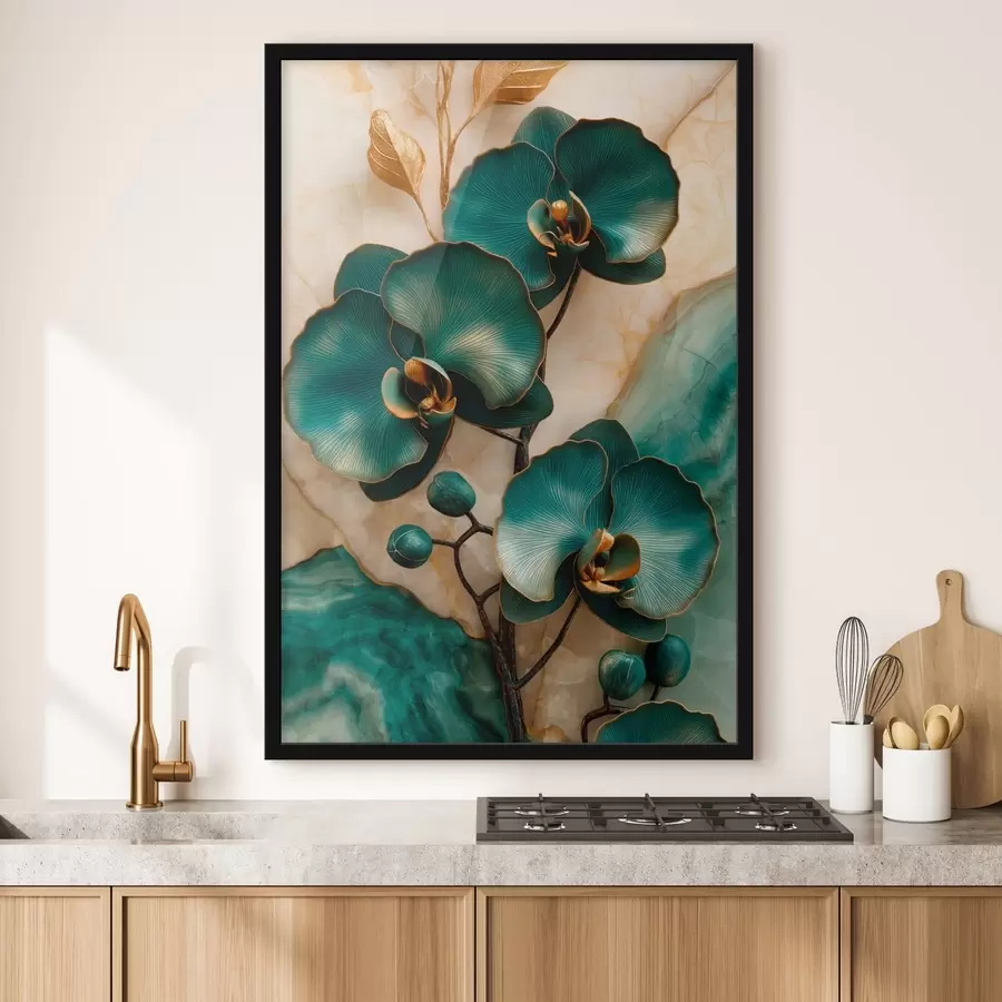 carta da parati Orchidee turchesi su uno sfondo chiaro con un effetto visivo simile alla pietra nr. f50456