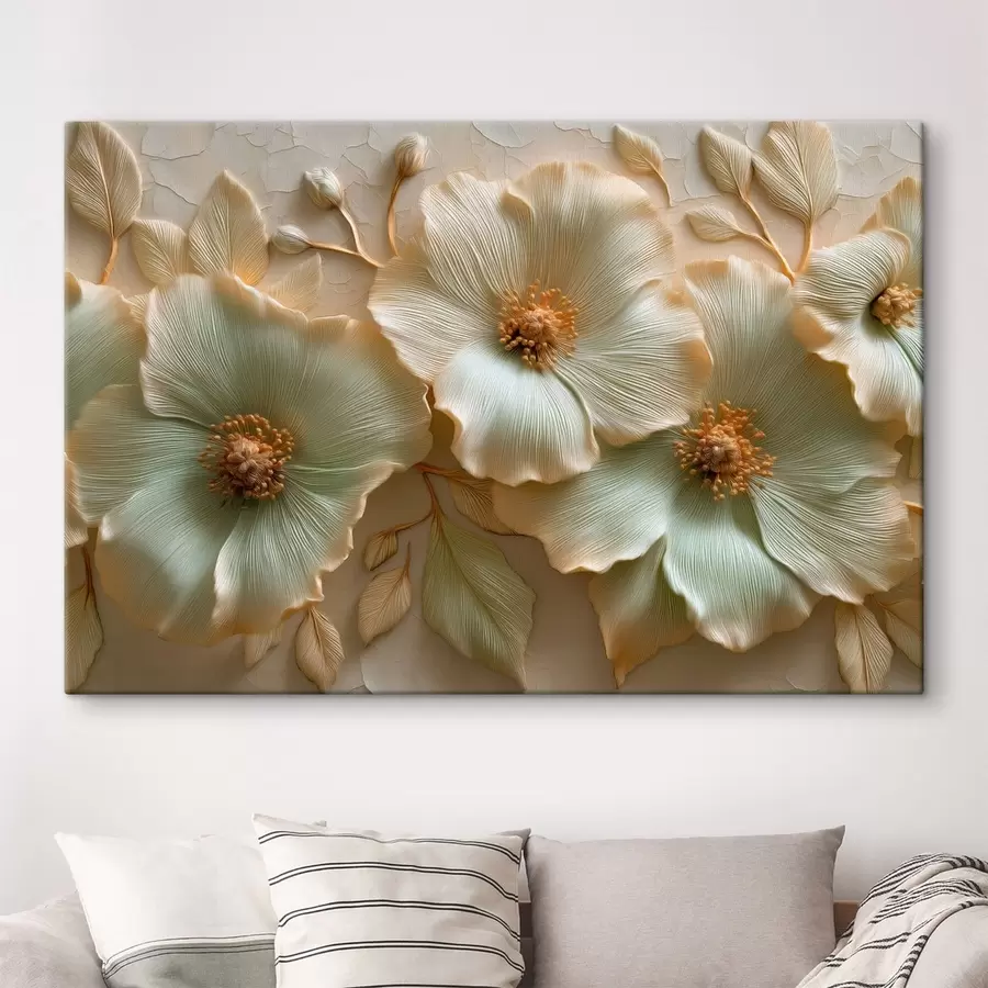 carta da parati Fiori e foglie di grandi dimensioni con un effetto tridimensionale in tonalità chiare nr. s50420