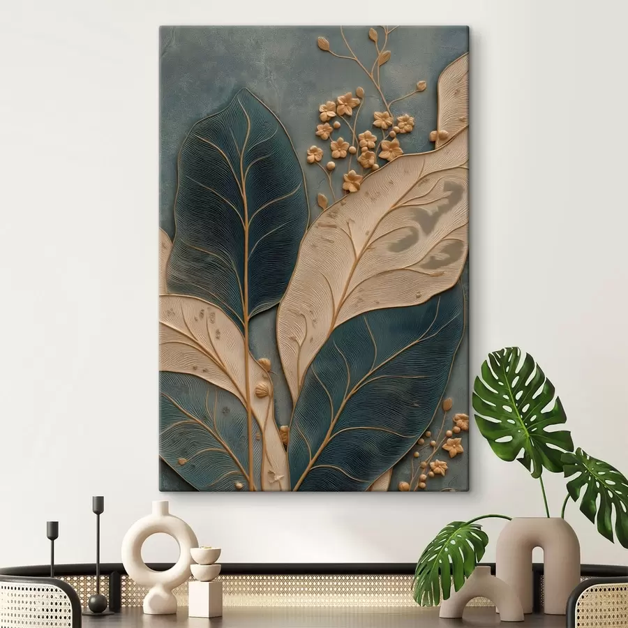 carta da parati Foglie e piccoli fiori con un effetto tridimensionale su uno sfondo scuro nr. s50427