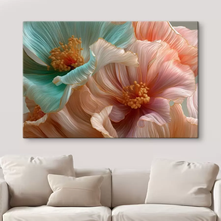 carta da parati Grandi fiori turchesi e rosa con un effetto tridimensionale nr. s50432