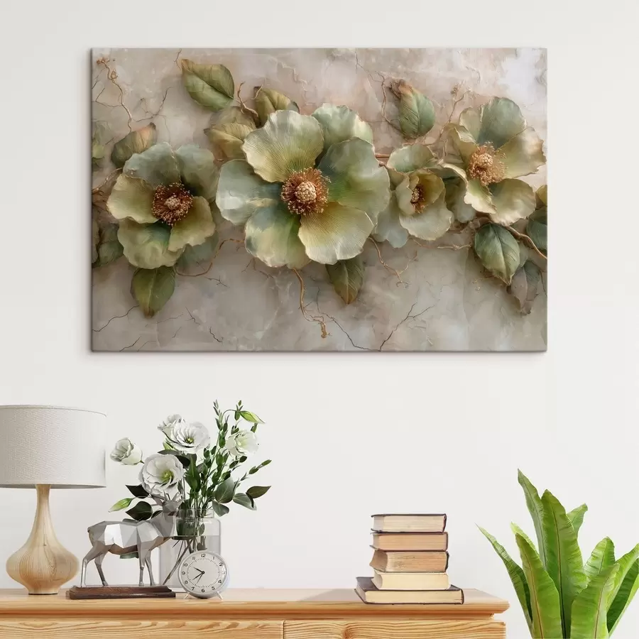 carta da parati Grandi fiori e foglie verdi su uno sfondo chiaro dalle sfumature delicate nr. s50434