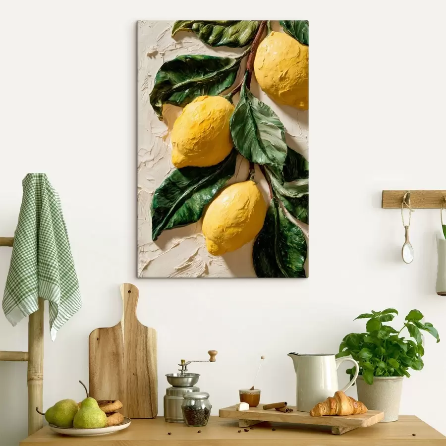 carta da parati Limoni con effetto tridimensionale e foglie di colore verde scuro nr. s50444