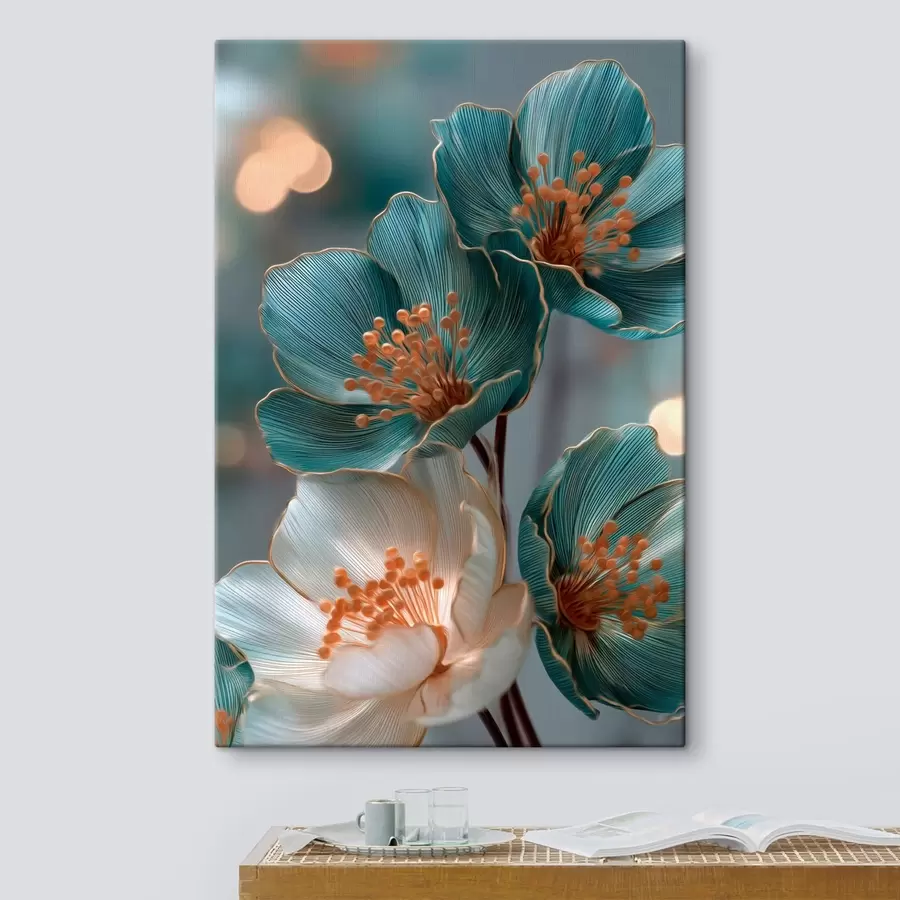 carta da parati Fiori turchesi e bianchi con stami arancioni nr. s50448