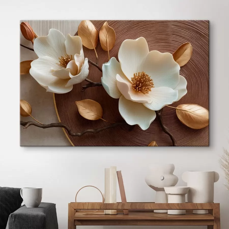 carta da parati Fiori bianchi dall'effetto tridimensionale e foglie dai toni bronzo nr. s50453