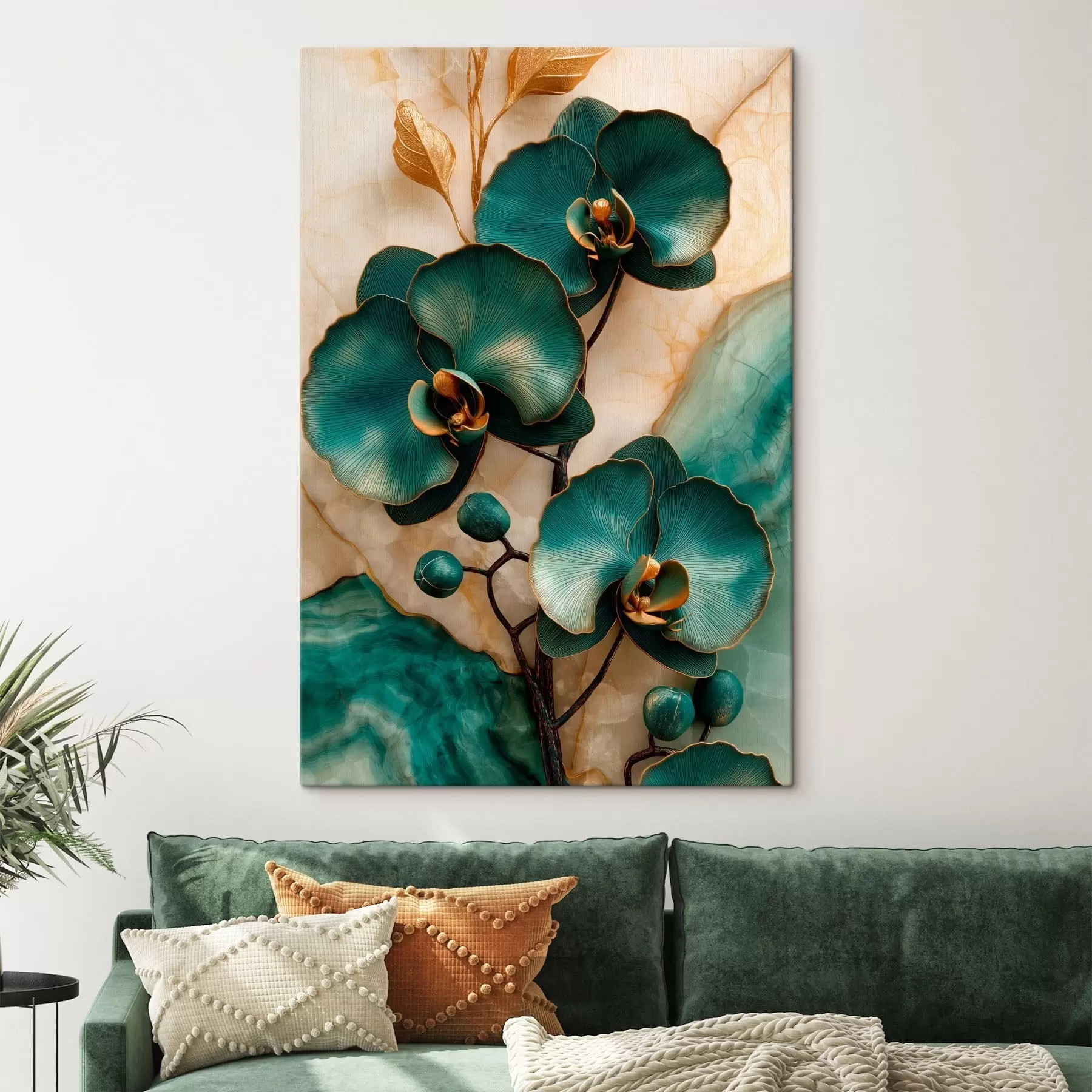 carta da parati Orchidee turchesi su uno sfondo chiaro con un effetto visivo simile alla pietra nr. s50456