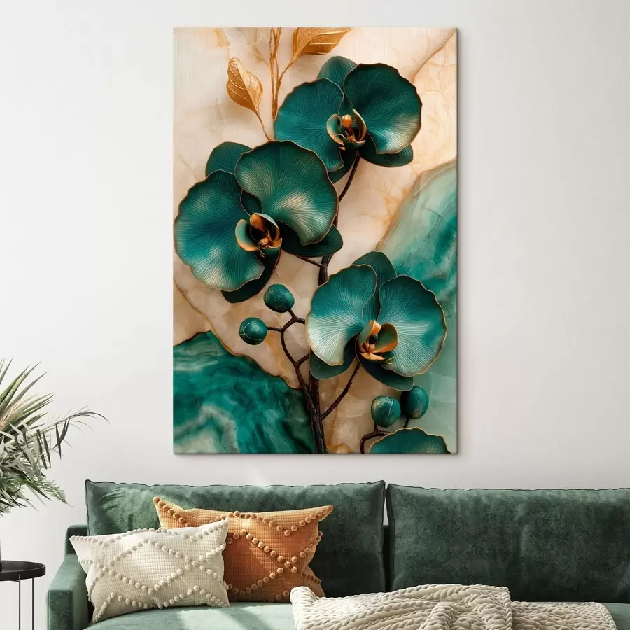 carta da parati Orchidee turchesi su uno sfondo chiaro con un effetto visivo simile alla pietra nr. s50456