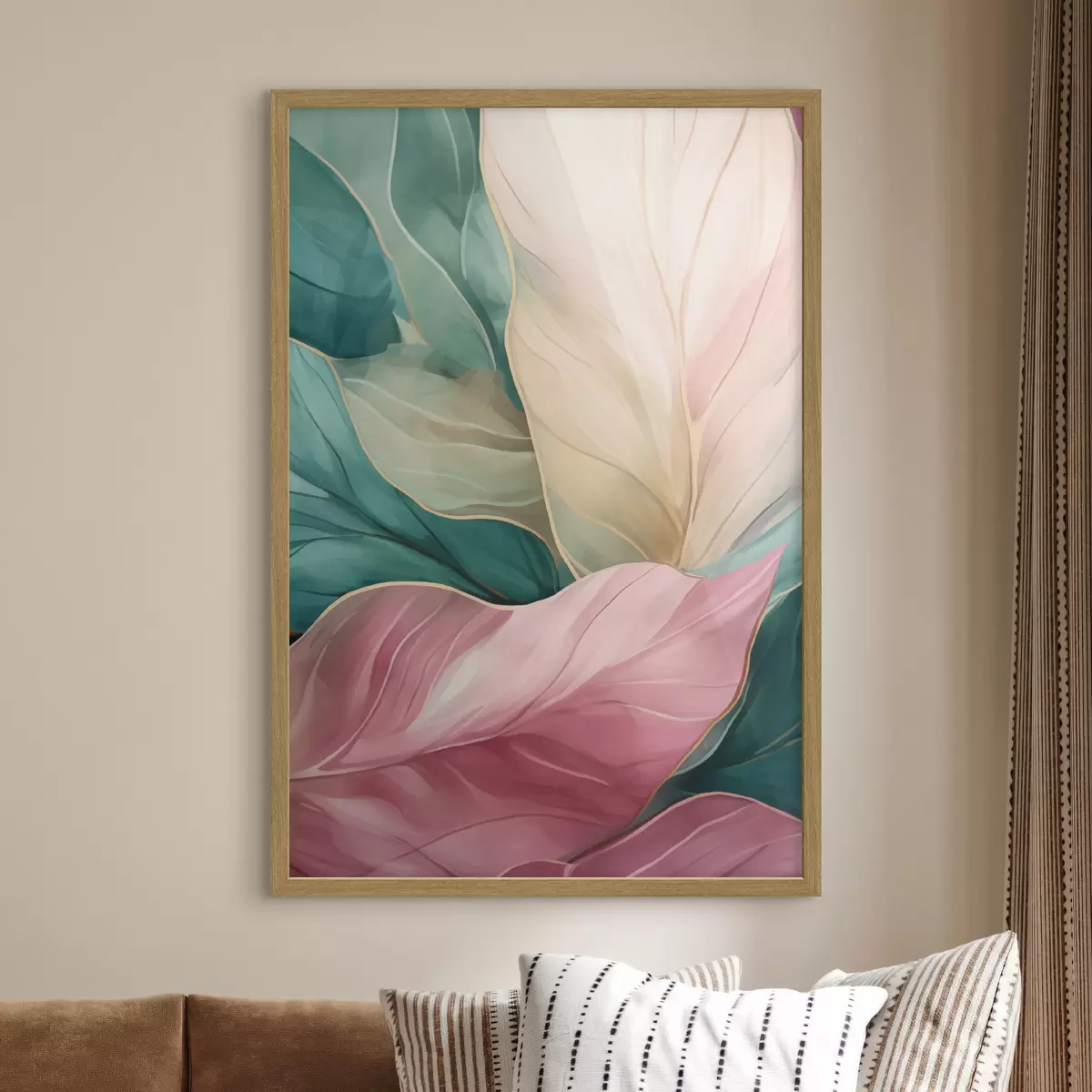 Poster Foglie tropicali color smeraldo e rosa f50385
