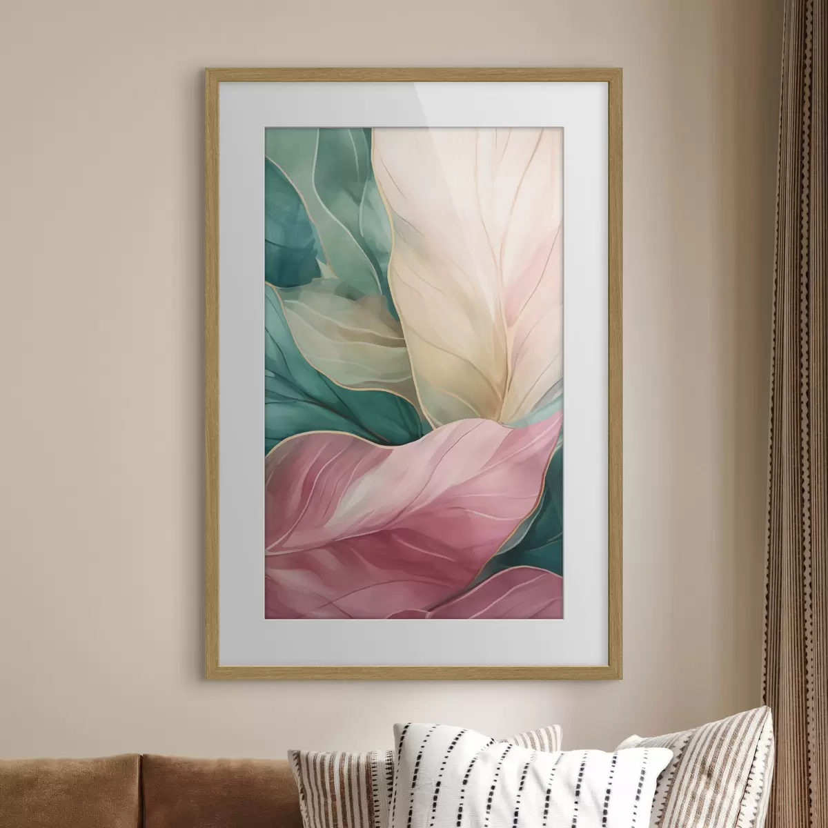 Poster Foglie tropicali color smeraldo e rosa f50385