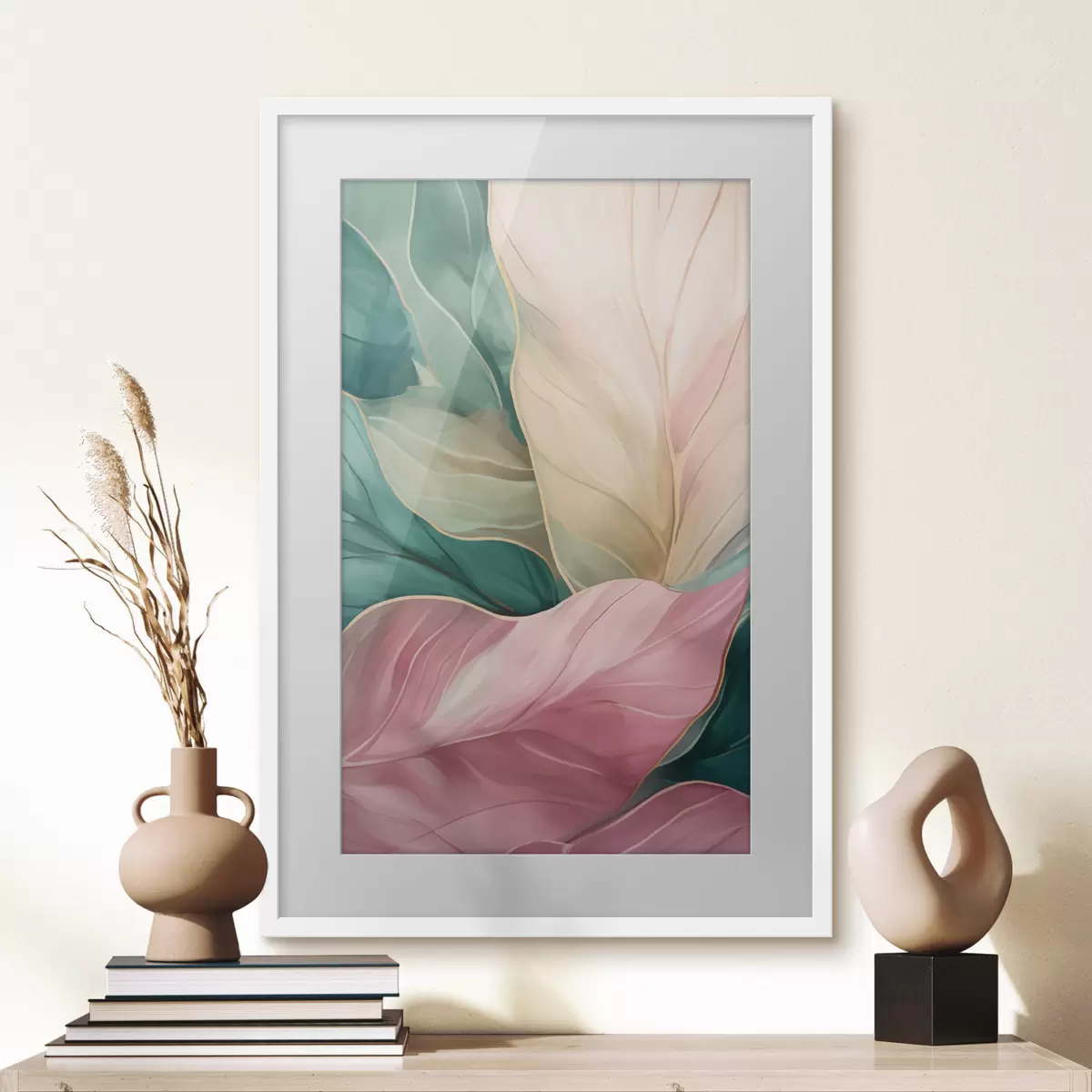 Poster Foglie tropicali color smeraldo e rosa f50385